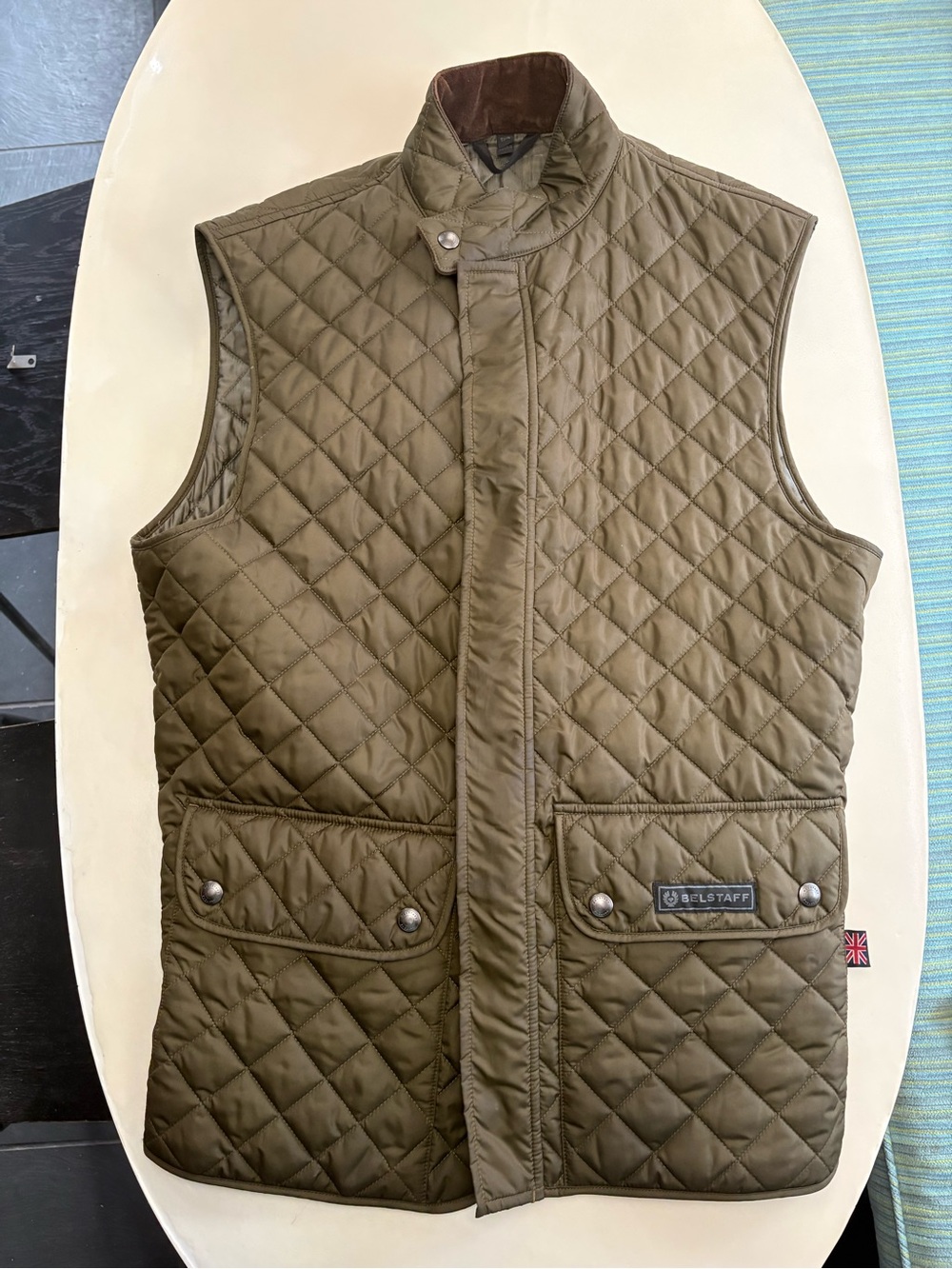 Belstaff Quilted Olive Vest with High Collar IT 54 UK 44